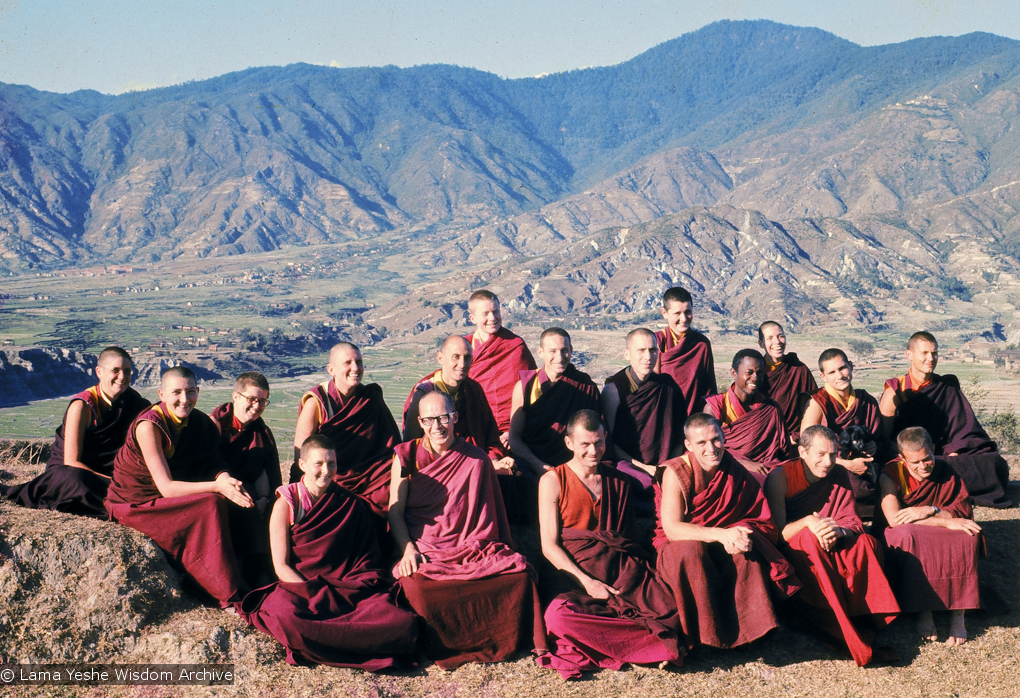 (16747_sl.psd) Sangha at Kopan Monastery, Nepal, 1976. Front row, from the left: Yeshe Khadro (Marie Obst), Dieter Kratzer, John Feuille, Thubten Pende (Jim Dougherty), Adrian Feldmann (Thubten Gyatso), Jeffery Webster. Back row, from the left: Thubten Yeshe (Augusta Alexander or TY), Nicole Couture, Margaret McAndrew, Thubten Wongmo (Feather Meston), Nick Ribush, Sangye Khadro (Kathleen McDonald), Scott Brusso, George Churinoff, Bonnie Rothenberg (Konchog Donma or KD), Jampa Konchog (Yogi), Thubten Pemo (Linda Grossman), Chris Kolb (Ngawang Chotak), Marcel Bertels.