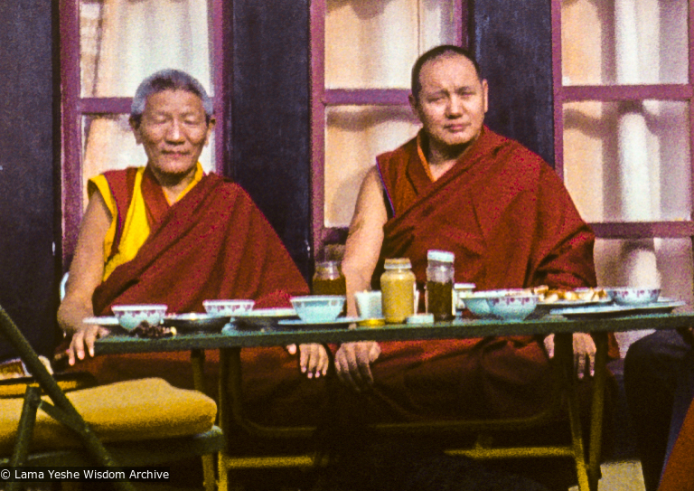 (16750_sl-3.TIF) Geshe Legden and Lama Yeshe on the  rooftop terrace, Kopan Monastery, Nepal, 1977. Geshe Ngawang Legden, the Sera Je abbot, came to visit Kopan with some monastery officials in order to thank Lama for his large donation to the Sera Je Assembly Hall fund.