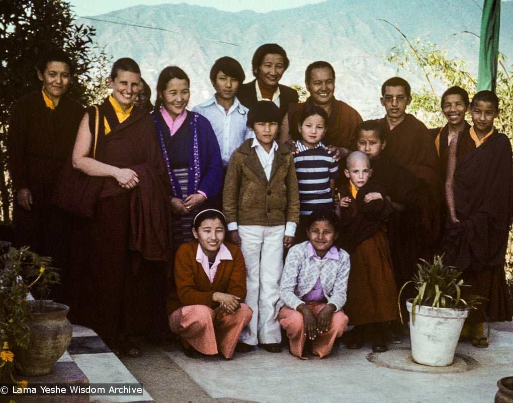 (16751_sl.TIF) Group portrait with Jampa Trinley and family, 1976. Photo includes Lama Yeshe, Lama Zopa Rinpoche, Thubten Wongmo (Feather Meston), Daja Meston (Thubten Wangchuk), Jampa Trinley, and his wife Ngawang Trinley. Kopan Monastery, Nepal, 1976.
