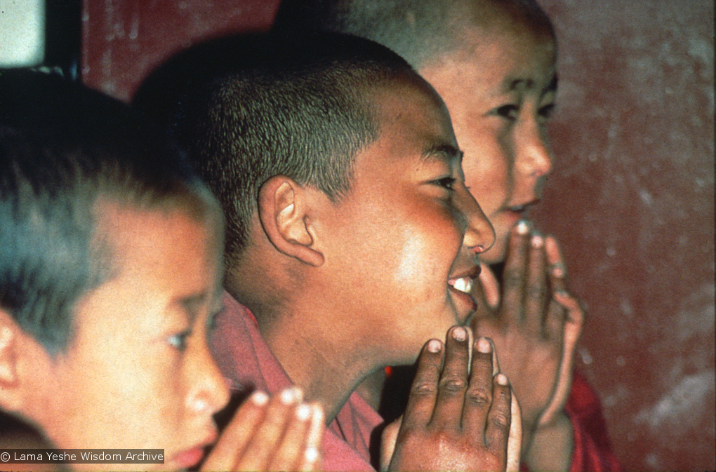 (16760_sl.psd) Mount Everest Center students in the gompa (shrineroom), Kopan Monastery, Nepal, 1976.