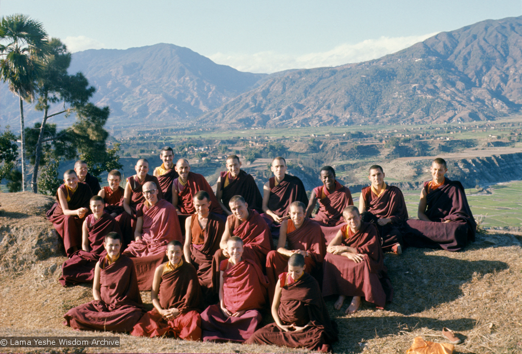 (16761_sl.psd) Sangha at Kopan Monastery, Nepal, 1976. Front row: Bonnie Rothenberg (Konchog Donma or KD), Susie Albright, Sangye Khadro (Kathleen McDonald), Thubten Pemo (Linda Grossman) Second row: Yeshe Khadro (Marie Obst), Dieter Kratzer, John Feuille, Thubten Pende (Jim Dougherty), Adrian Feldmann (Thubten Gyatso), Jeffery Webster  Back row: Nicole Couture, Thubten Yeshe (Augusta Alexander or TY), Margaret McAndrew, Thubten Wongmo (Feather Meston), Roger Kunsang, Nick Ribush, Scott Brusso, George Churinoff, Jampa Konchog (Yogi), Chris Kolb (Ngawang Chotak), Marcel Bertels.