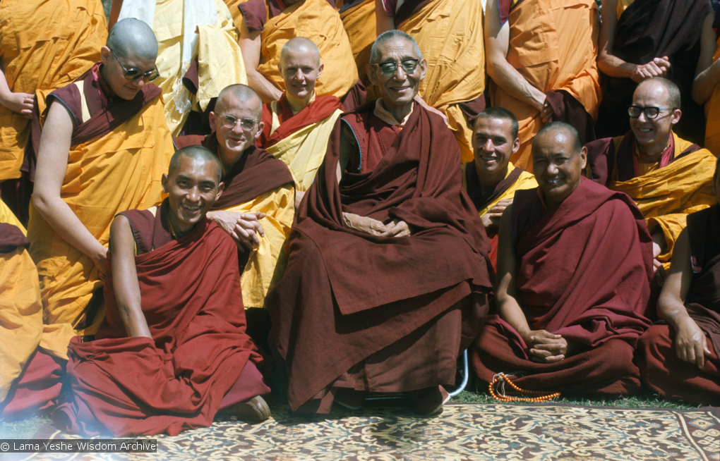 (16762_sl.tif) From the left: Angeles de la Torre (kneeling), Lama Zopa Rinpoche (seated front), Steve Malasky (Steve Pearl), Wendy Finster, HH Trijang Rinpoche (seated in chair), Thubten Pende (Jim Dougherty), Lama Yeshe, Dieter Kratzer.