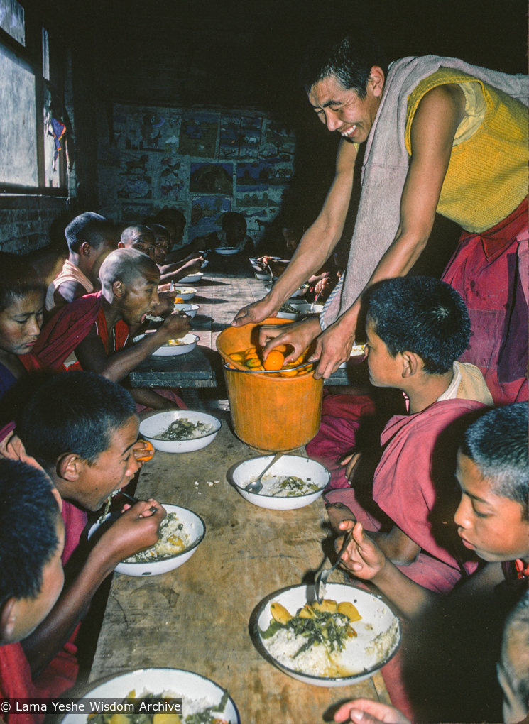 (16765_sl.psd) Mealtime with the Mount Everest Center students students, Kopan Monastery, Nepal,1976. Tsultrim Norbu