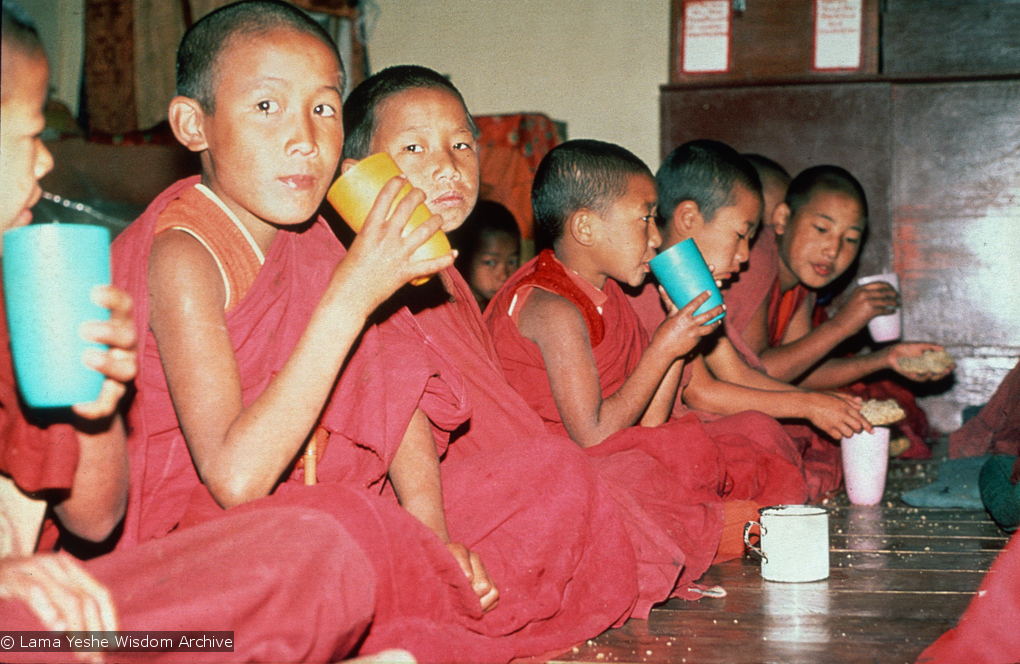 (16767_sl.psd) Mount Everest Center students in the gompa (shrineroom), Kopan Monastery, Nepal, 1976.