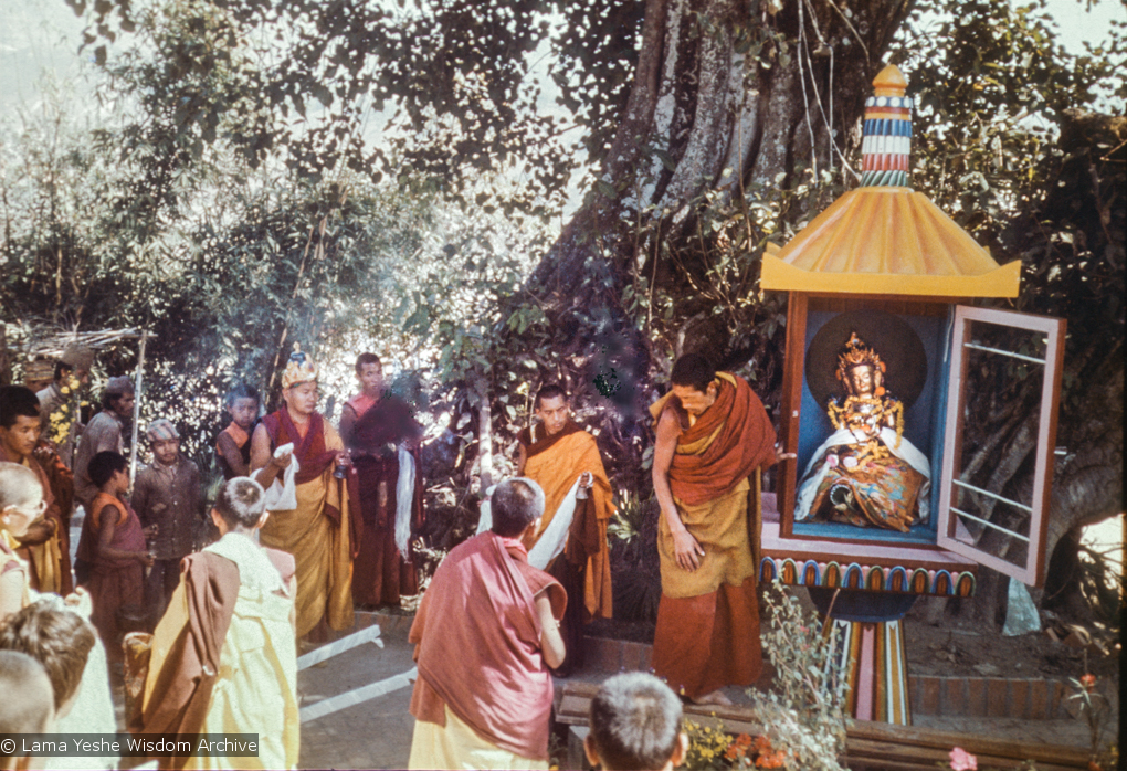 (16768_sl.tif) Installing the Tara statue, Kopan Monastery, Nepal, 1976. Lama Pasang is to the left of the glass house which holds Tara.