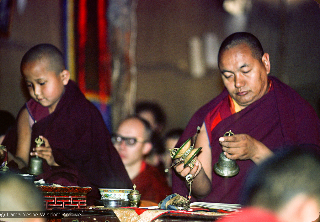 (16772_sl.psd) Yangsi Rinpoche and Lama Yeshe doing puja, Kopan Monastery, Nepal, 1976.