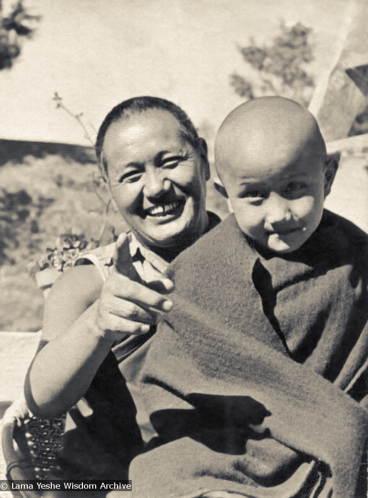 (16774_pr.psd) Lama Yeshe with Yangsi Rinpoche, 1976. Kelsang Puntsog Rinpoche, the son of Lama Yeshe&#039;s old friend Jampa Trinley, was later recognized to be the reincarnation of Geshe Ngawang Gendun, one of Lama&#039;s teachers. In January 1975 he was enthroned at Kopan Monastery, Nepal, after which occasion he became known to all as Yangsi Rinpoche.