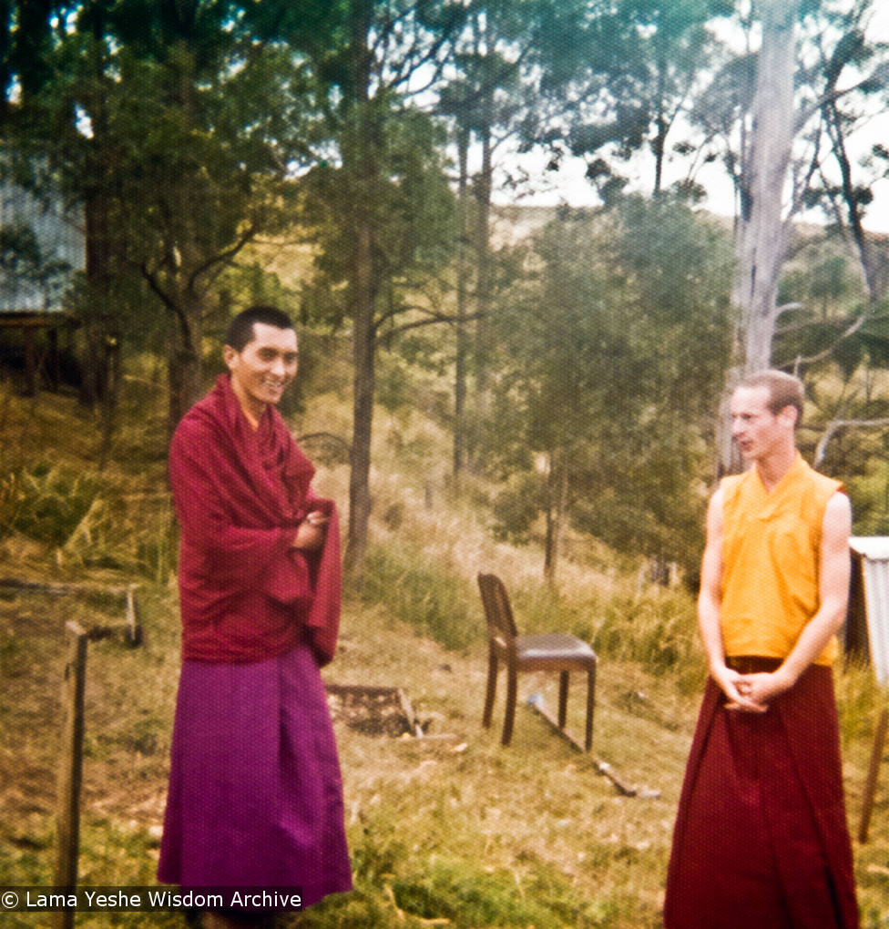 16776_pr-2.JPG) Lama Zopa Rinpoche and Jhampa Zangpo (Mark Shaneman) at Chenrezig Institute, 1976.