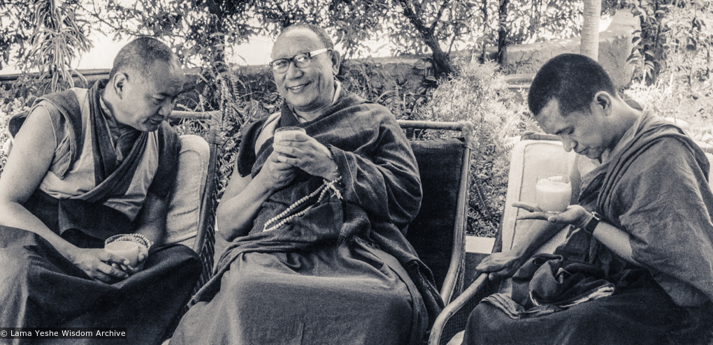 (16835_pr-3.psd) Lama Yeshe and Lama Zopa Rinpoche with Geshe Lobsang Thubten, Tushita-Delhi, India, 1983. Uldis Balodis (donor)