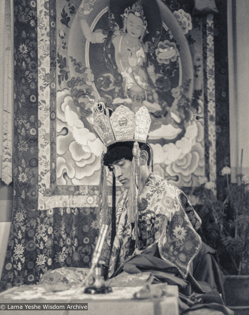 Lama Zopa Rinpoche in ceremonial dress, Heruka initiation, Manjushri Institute, 1978. Photo by Brian Beresford.