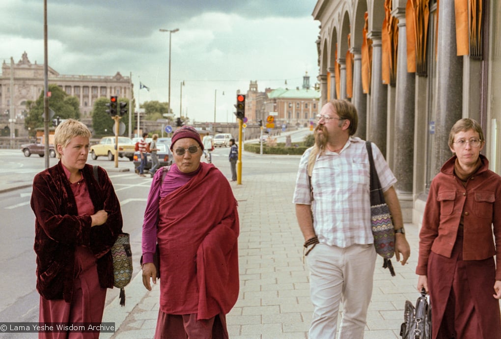 (17108_ng.TIF) Photos from a walk in Stockholm City in September of 1983 with Jeff Nye, Lama Yeshe&#039;s attendant, Gun Johansson, Katarina Wadstrom and Tomas Hagstrom and Anila Karin Valham, who invited Lama Yeshe to Sweden. Photos by Holger Hjorth.