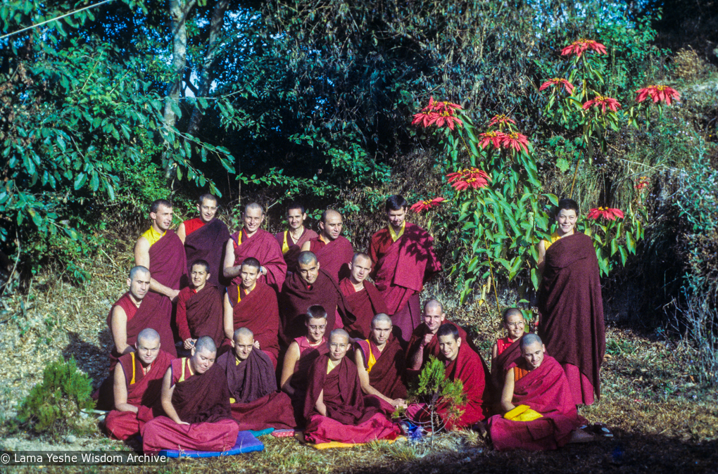 (17315_sl.psd) Back row: Peter Kedge, Adrian Feldmann (Thubten Gyatso), Max Redlich, Roger Kunsang, Claudio Cipullo, Marcel Bertels

Middle row: George Churinoff, JW- Jamyang Wangmo (aka Helly Pelaez or Jampa Chokyi), Anila Ann, Stefano Piovella, Helmut Hohm

Front row: Harry Sutton, Tova Kovachi, Bob Alcorn, Vicki Bischoff (Taylor),  Karin Valham, Andrea Antonetti, Thubten Pelgye (John Douthitt), Thubten Chodron (Cherry Greene), Julia Maria Busto, Franchino Morgante, Elisabeth Drukier standing to the right. Kopan Monastery, Nepal, 1979