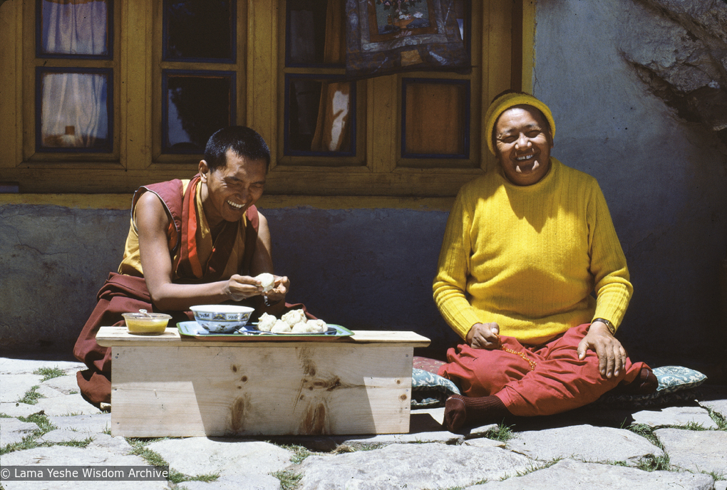 Lama Yeshe and Lama Zopa Rinpoche in front of the cave of the Lawudo Lama, Lawudo Retreat Centre, 1981. Photo by Peter Kedge.