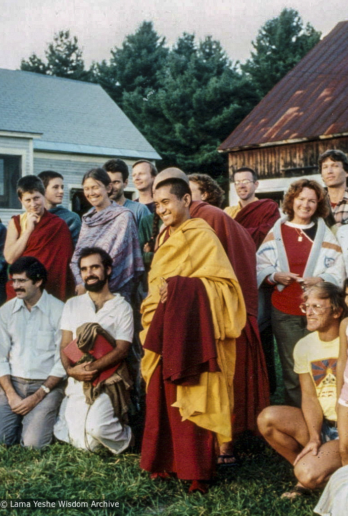 Lama Zopa Rinpoche and students at Milarepa Center, Vermont, 1981.