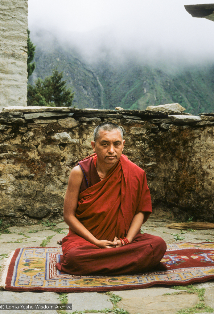 Lama Zopa Rinpoche at Lawudo Retreat Centre, Nepal, 1990. Photo: Merry Colony