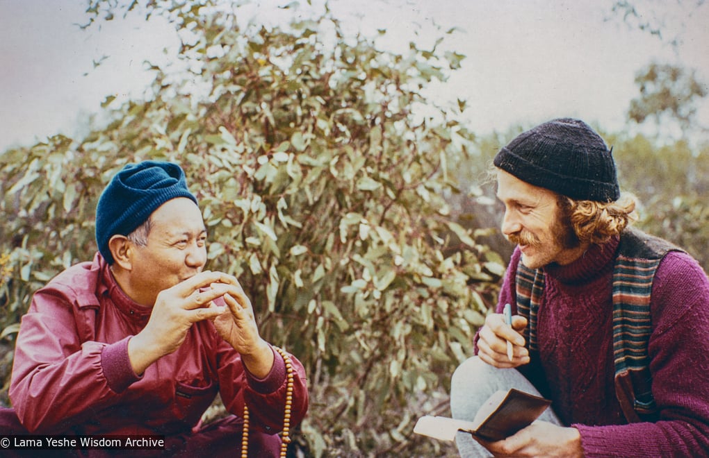 (22027_pr-3.psd) Lama Yeshe with Garrey Foulkes on the land for Atisha Centre, Bendigo, Australia, 1981.