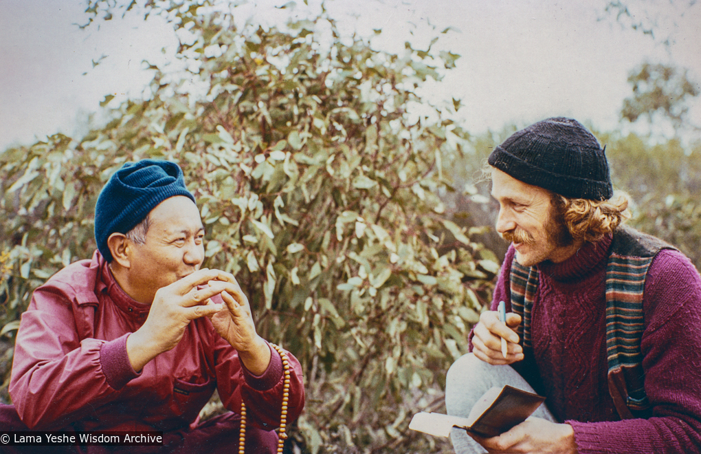 (22027_pr-3.psd) Lama Yeshe with Garrey Foulkes on the land for Atisha Centre, Bendigo, Australia, 1981.