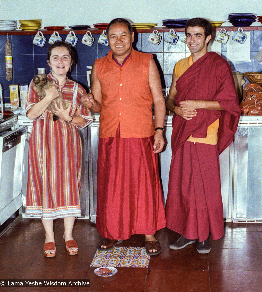 (22447_ng-3.tif) Lama Yeshe with Francesca Piatti and Piero Sirianni, Istituto Lama Tzong Khapa, Italy, 1980.