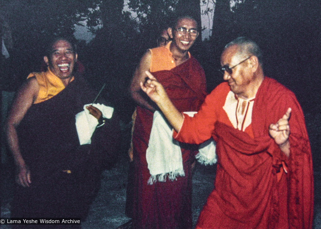 (22487_ng-3.tif) Istituto Lama Tzong Khapa, Pomaia, Italy, 1983. From Big Love: &quot;Lama Yeshe bounced into Istituto Lama Tzong Khapa wearing his new Egyptian caftan. He jumped out of the car and boogied across the courtyard, brandishing his favored wrathful mudra, while Geshe Jampa Gyatso and many of the ILTK residents laughed and laughed.&quot;