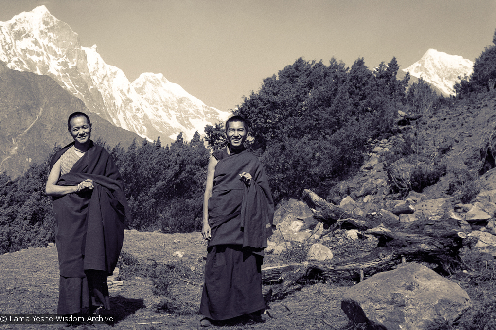 (15076_ng-3.psd) Lama Yeshe and Lama Zopa Rinpoche near Lawudo Retreat Center, 1970. Photo by Terry Clifford.