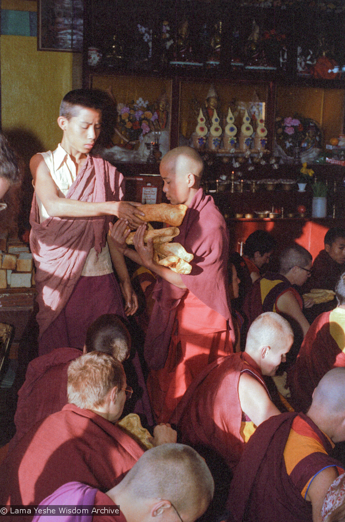 (22629_ng.tif) (16714_ng.tif) Mount Everest Center students students distributing food in the gompa (meditation hall), Kopan Monastery, Nepal, 1976.