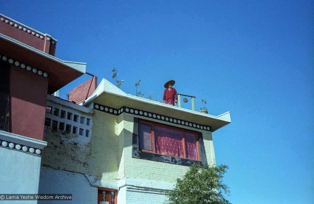(22827_ng.tif) Lama Yeshe on the rooftop at Kopan Monastery, Nepal, 1979. Ina Van Delden (photographer)