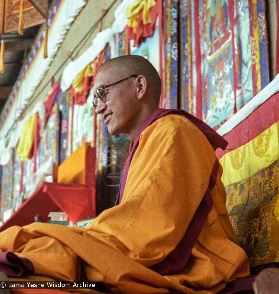 (22845_ng.tif) Lama Zopa Rinpoche teaching at the 12th Meditation Course at Kopan Monastery, Nepal, 1979. Ina Van Delden (photographer)