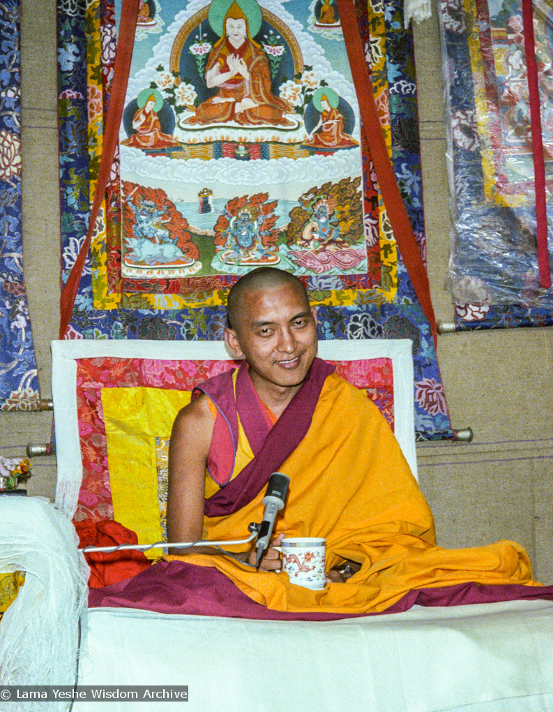 (22846_ng.tif) Lama Zopa Rinpoche teaching at the 12th Meditation Course at Kopan Monastery, Nepal, 1979. Ina Van Delden (photographer)