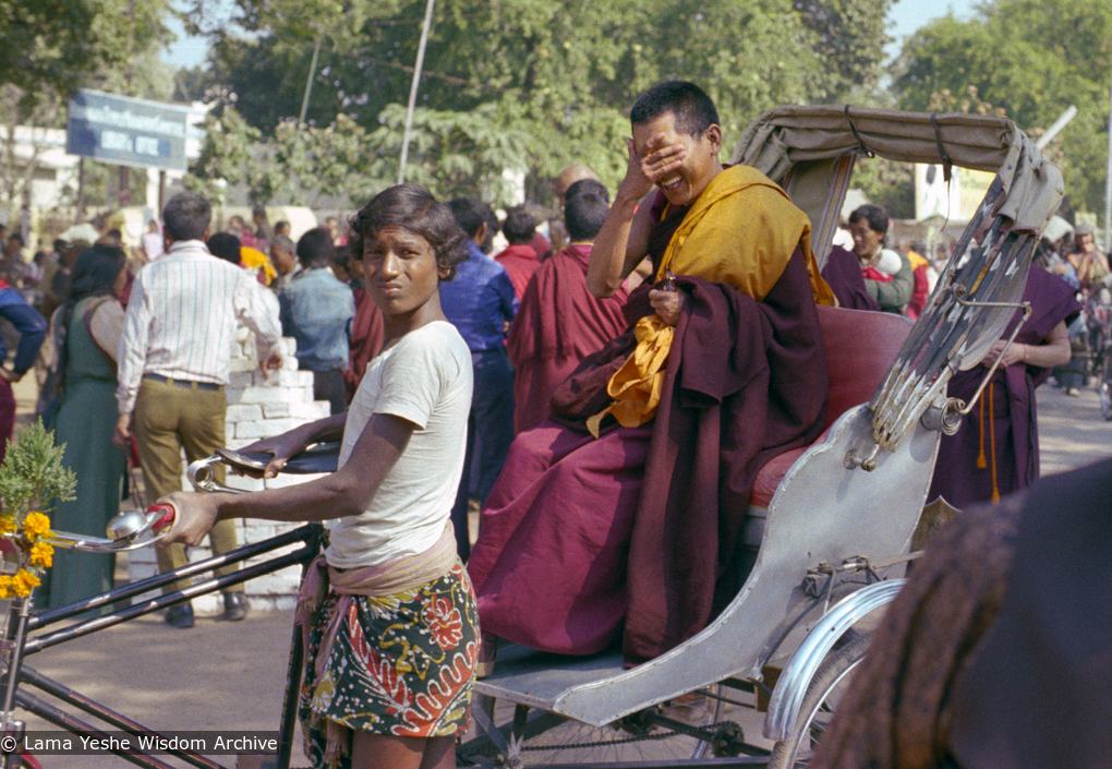 (23171_ng-3.psd) Lama Zopa Rinpoche in a rickshaw, Bodhgaya, India, 1982.