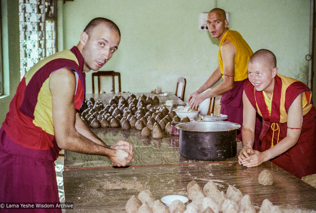 (23172_ng-3.psd) Dario Tesoroni (Losang Dorje), Joseph Fontaine, and Merry Colony making tsa tsa, First Enlightened Experience Celebration, Bodhgaya, India, 1982.