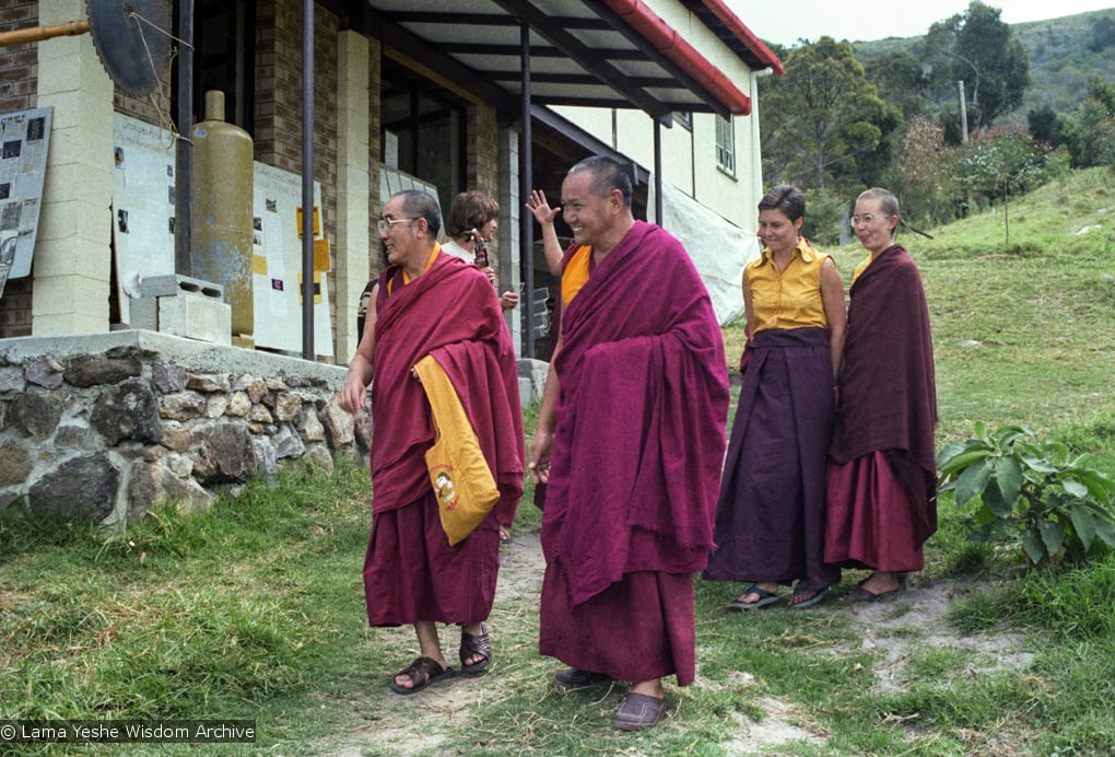 (23314_ng.tif) Lama Yeshe at Chenrezig Institute, Australia, 1979, with Geshe Loden on left, Yeshe Khadro (Marie Obst) and Karin Valham on the right.