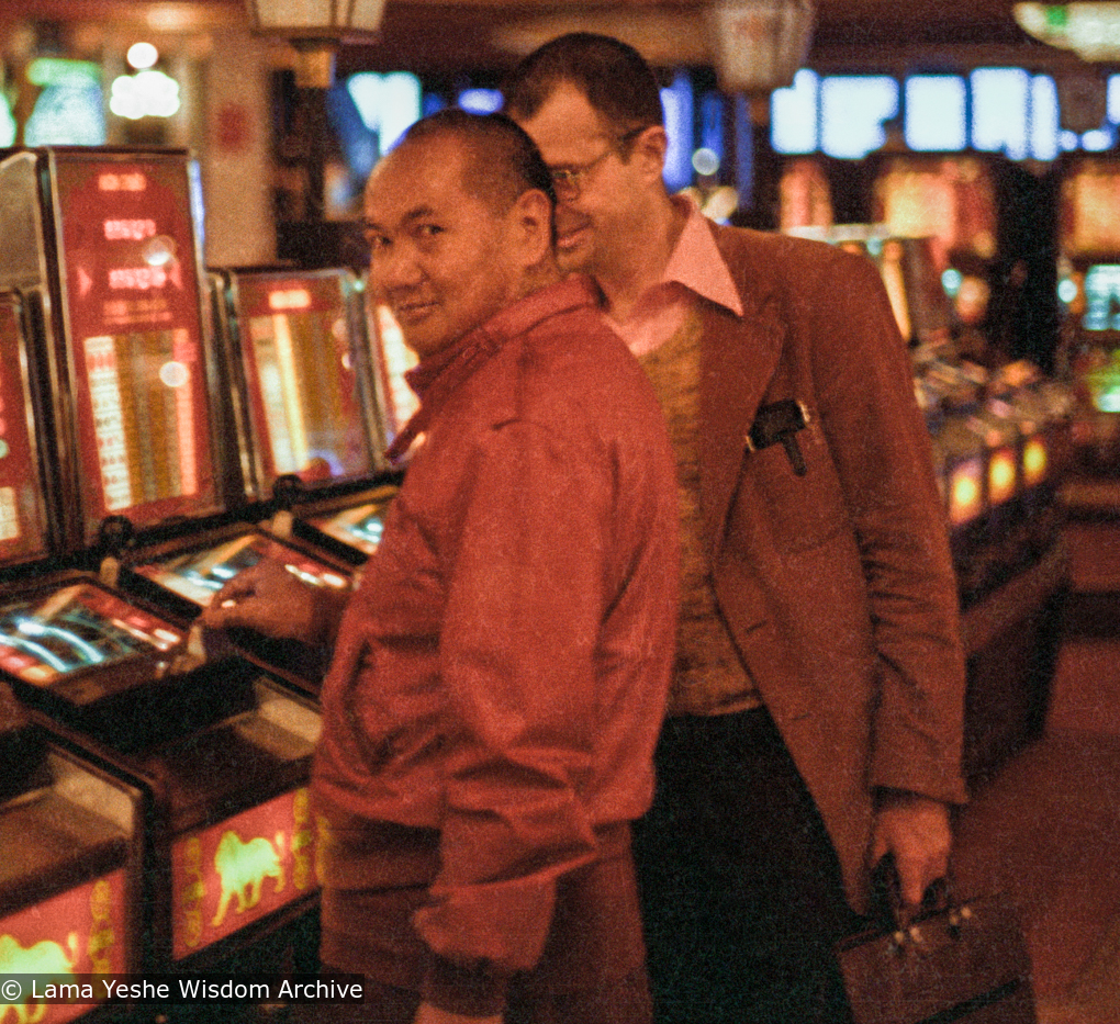 (23352_ng-3.psd) Lama Yeshe with John Feuille, playing the slots, Reno, Nevada, 1980.