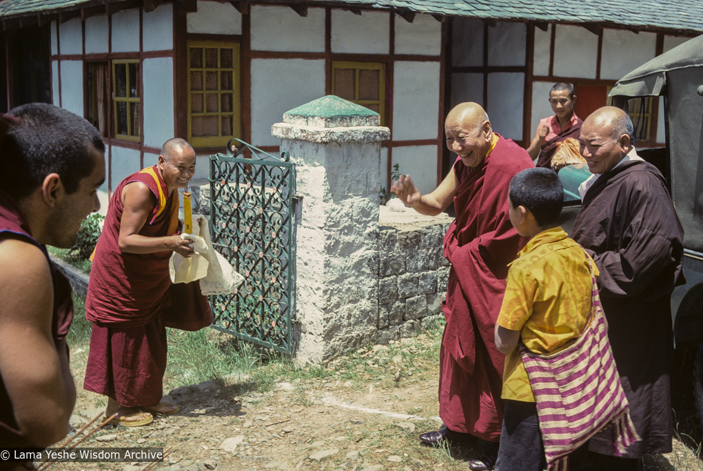 (24209_sl-3.tif) Lama welcomes Kyabje Ling Rinpoche to Tushita, First Enlightened Experience Celebration, Tushita Retreat Centre, Dharamsala, India, 1982. Dieter Kratzer (photographer)