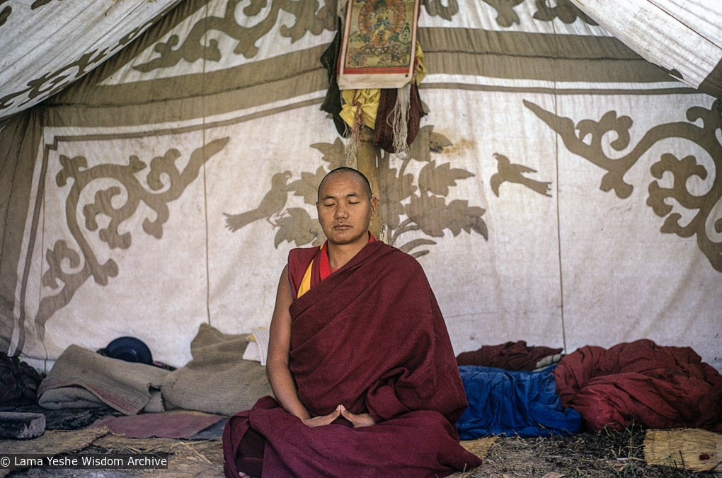 (24542_sl-3.psd) Lama Yeshe in his tent at the Mahabodhi Society, Bodhgaya, 1974.
