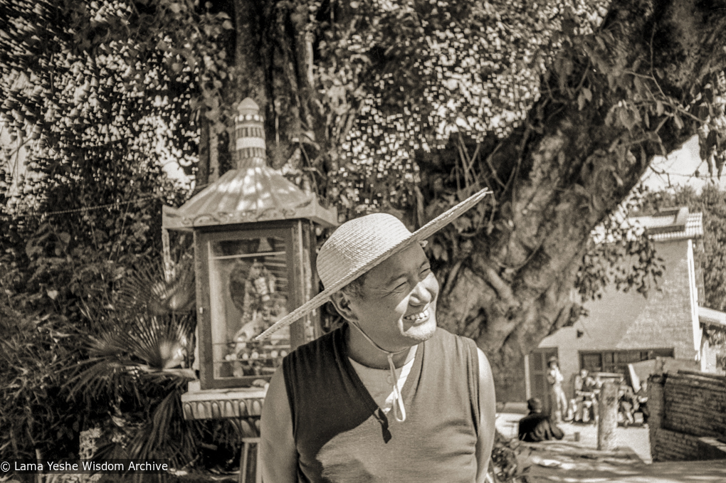 (24880_ng-3.psd) Lama Yeshe in straw hat at Kopan Monastery, Nepal, 1981.