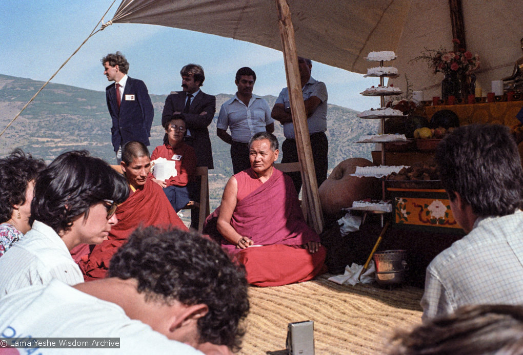 (25032_ng.TIF) Lama Yeshe and Geshe Losang Tsultrim at O Sel Ling. In September of 1982, H.H. Dalai Lama visited this retreat center that the lamas had just set up in Bubion, a small town near the Alpujarra mountains near Granada, Spain. At the end of His Holiness teaching he named the center O Sel Ling. Photo by Pablo Giralt de Arquer.