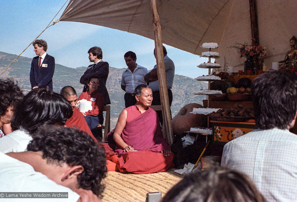 (25033_ng.TIF) Lama Yeshe and Geshe Losang Tsultrim at O Sel Ling. In September of 1982, H.H. Dalai Lama visited this retreat center that the lamas had just set up in Bubion, a small town near the Alpujarra mountains near Granada, Spain. At the end of His Holiness teaching he named the center O Sel Ling. Photo by Pablo Giralt de Arquer.