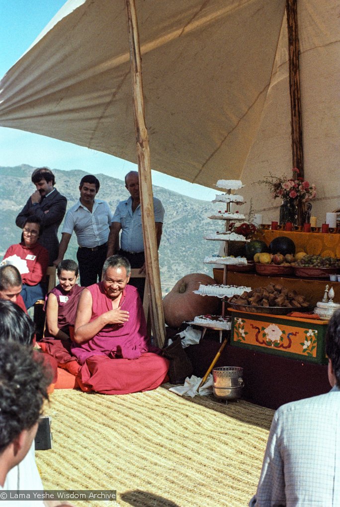 (25035_ng.TIF) Lama Yeshe and Geshe Losang Tsultrim at O Sel Ling. In September of 1982, H.H. Dalai Lama visited this retreat center that the lamas had just set up in Bubion, a small town near the Alpujarra mountains near Granada, Spain. At the end of His Holiness teaching he named the center O Sel Ling. Photo by Pablo Giralt de Arquer.