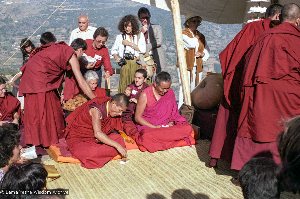 (25041_ng.TIF) Lama Yeshe and Geshe Losang Tsultrim at O Sel Ling. In September of 1982, H.H. Dalai Lama visited this retreat center that the lamas had just set up in Bubion, a small town near the Alpujarra mountains near Granada, Spain. At the end of His Holiness teaching he named the center O Sel Ling. Photo by Pablo Giralt de Arquer.