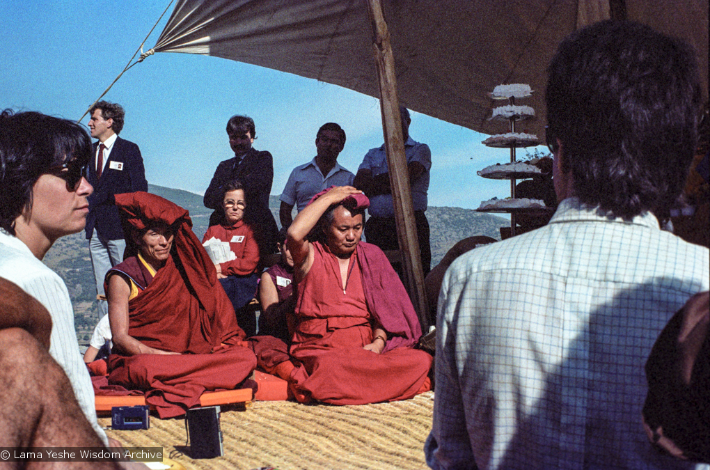 (25048_ng.TIF) Lama Yeshe and Geshe Losang Tsultrim at O Sel Ling. In September of 1982, H.H. Dalai Lama visited this retreat center that the lamas had just set up in Bubion, a small town near the Alpujarra mountains near Granada, Spain. At the end of His Holiness teaching he named the center O Sel Ling. Photo by Pablo Giralt de Arquer.