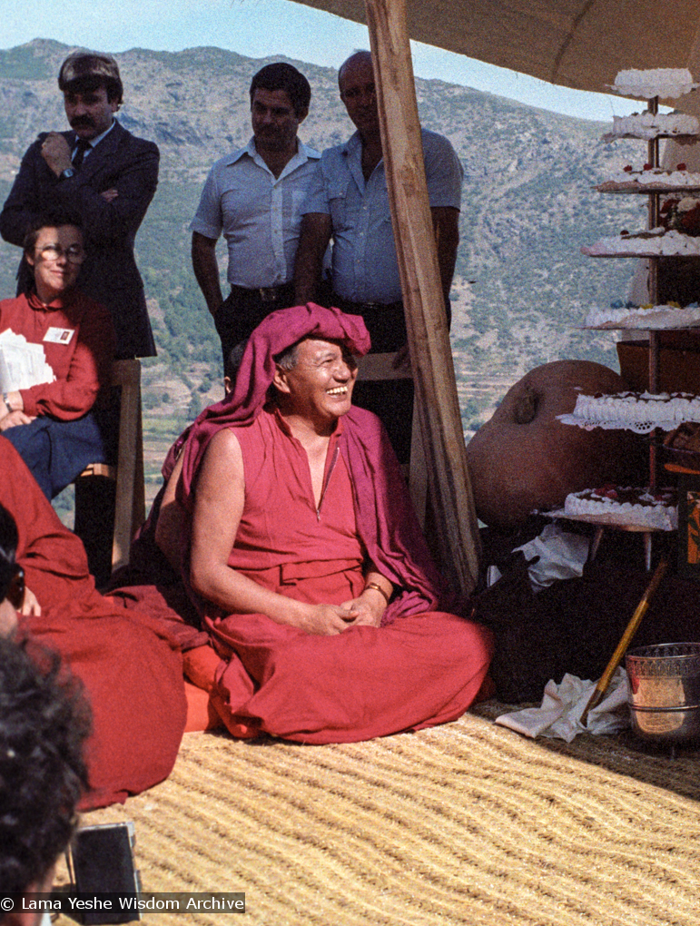 (25100_ng.TIF) Lama Yeshe and Geshe Losang Tsultrim at O Sel Ling. In September of 1982, H.H. Dalai Lama visited this retreat center that the lamas had just set up in Bubion, a small town near the Alpujarra mountains near Granada, Spain. At the end of His Holiness teaching he named the center O Sel Ling. Photo by Pablo Giralt de Arquer.