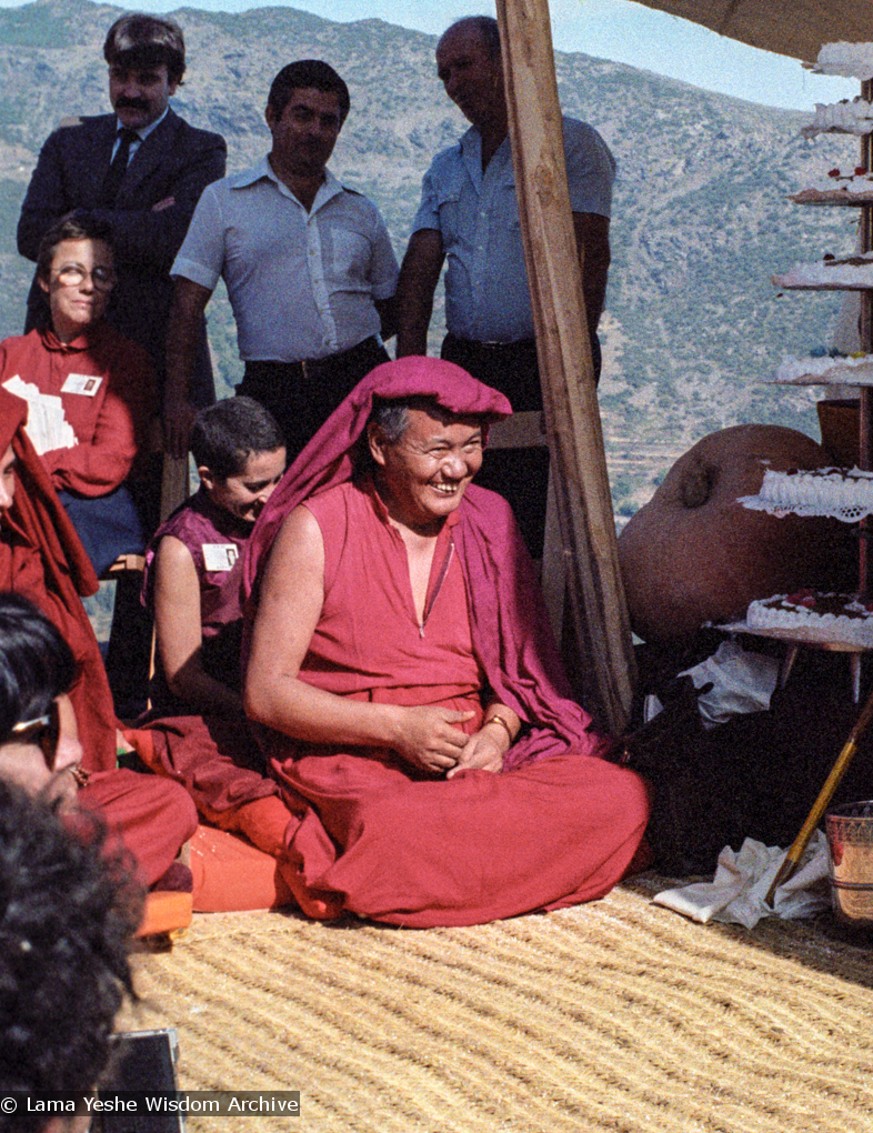 (25101_ng.TIF) Lama Yeshe and Geshe Losang Tsultrim at O Sel Ling. In September of 1982, H.H. Dalai Lama visited this retreat center that the lamas had just set up in Bubion, a small town near the Alpujarra mountains near Granada, Spain. At the end of His Holiness teaching he named the center O Sel Ling. Photo by Pablo Giralt de Arquer.