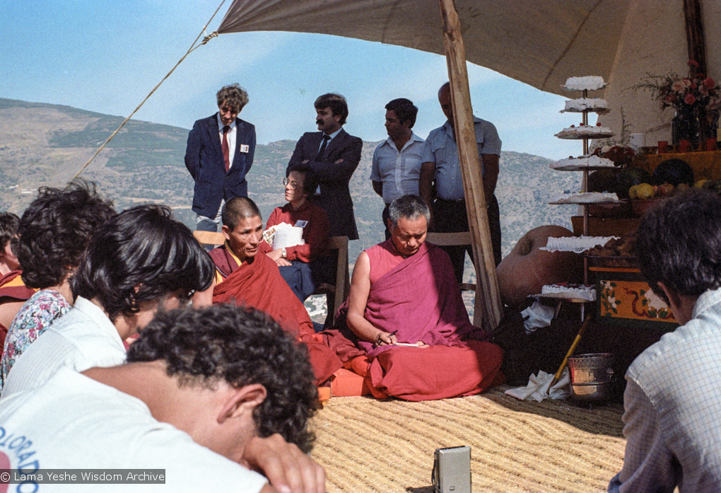 (25106_ng.TIF) Lama Yeshe and Geshe Losang Tsultrim at O Sel Ling. In September of 1982, H.H. Dalai Lama visited this retreat center that the lamas had just set up in Bubion, a small town near the Alpujarra mountains near Granada, Spain. At the end of His Holiness teaching he named the center O Sel Ling. Photo by Pablo Giralt de Arquer.