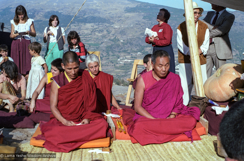 (25308_ng.TIF) Lama Yeshe and Geshe Losang Tsultrim at O Sel Ling. In September of 1982, H.H. Dalai Lama visited this retreat center that the lamas had just set up in Bubion, a small town near the Alpujarra mountains near Granada, Spain. At the end of His Holiness teaching he named the center O Sel Ling. Photo by Pablo Giralt de Arquer.