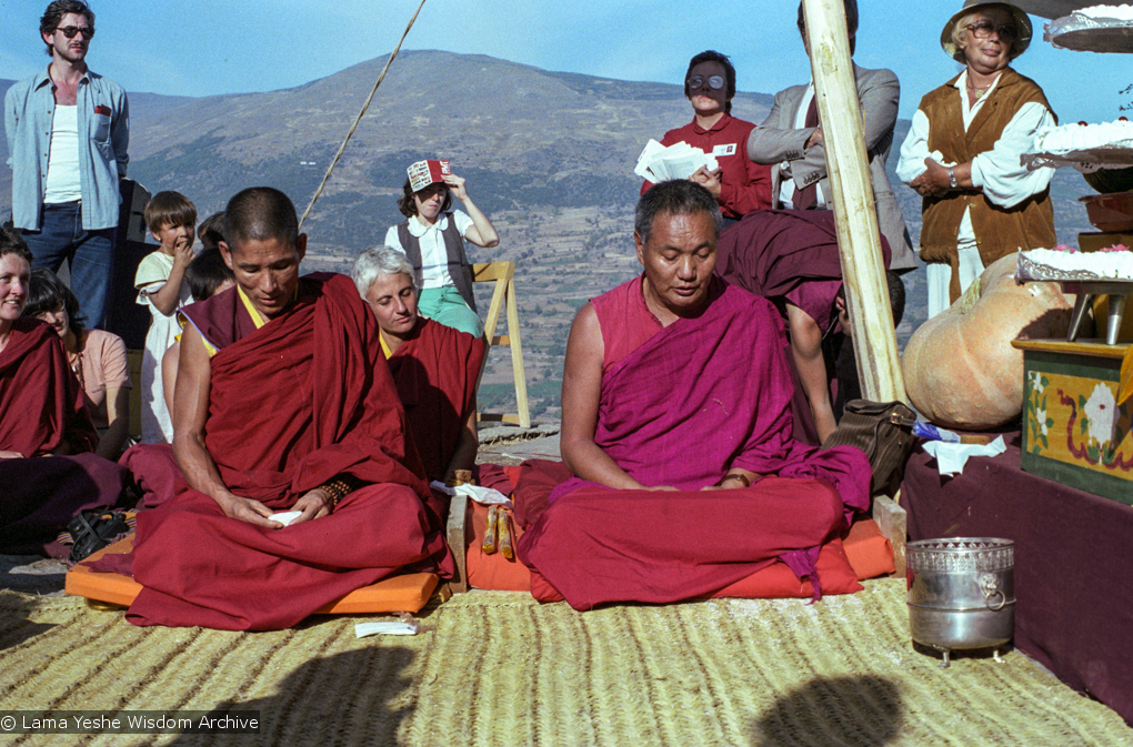 (25314_ng.TIF) Lama Yeshe and Geshe Losang Tsultrim at O Sel Ling. In September of 1982, H.H. Dalai Lama visited this retreat center that the lamas had just set up in Bubion, a small town near the Alpujarra mountains near Granada, Spain. At the end of His Holiness teaching he named the center O Sel Ling. Photo by Pablo Giralt de Arquer.