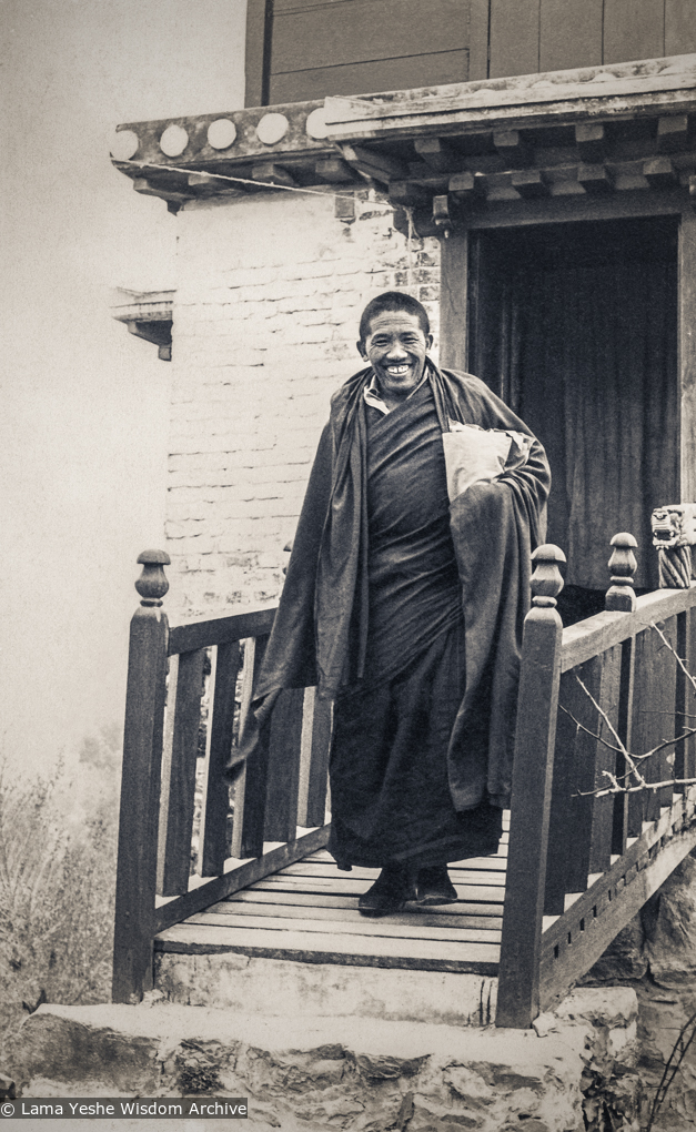 (27368_pr-1.psd) Geshe Jampa Gyatso leaving Steve&#039;s Tower, Kopan Monastery, 1977.