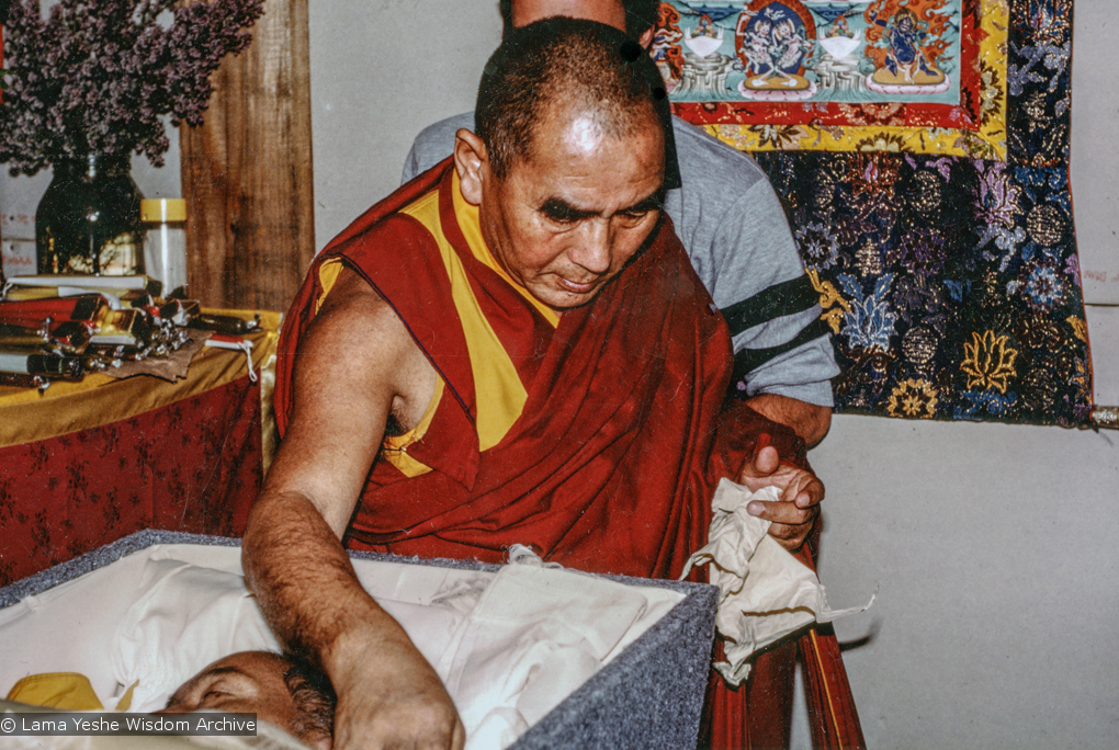 (33279_pr.jpg) Geshe Sopa during a cycle of pujas that were done for Lama Yeshe before the formal cremation, Vajrapani Institute, California, 1984. Photo by Ricardo de Aratanha.