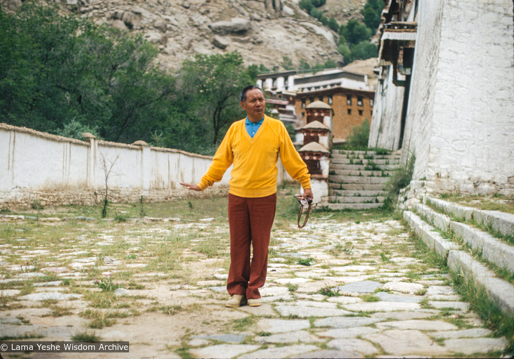 (34769_sl-3.tif) Lama Yeshe at the site of his old room at Sera, Tibet, 1982