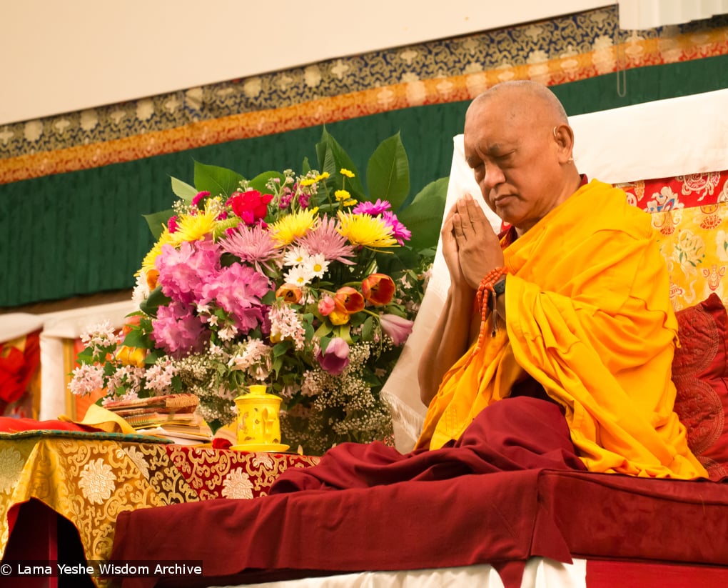 Lama Zopa Rinpoche at the Light of the Path retreat in North Carolina, Spring 2014. Photo by Roy Harvey.