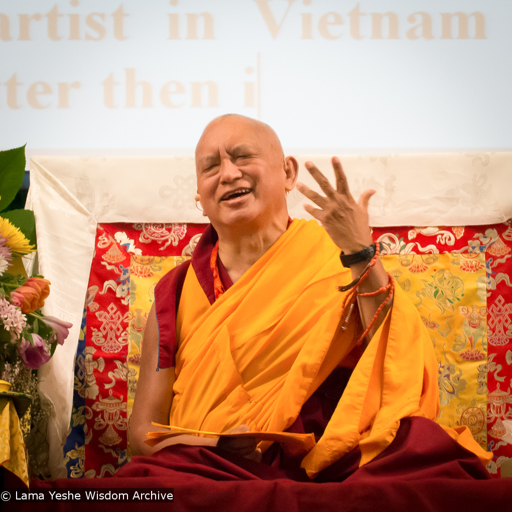 Lama Zopa Rinpoche at the Light of the Path Retreat, USA, 2014. Photo: Roy Harvey